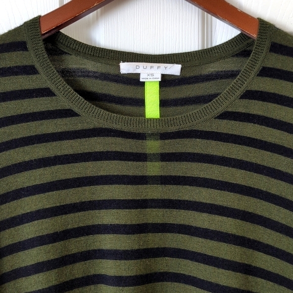 Duffy Lightweight Wool & Cashmere Striped Knit Flared Slit Hem Sweater Green XS - Picture 2 of 11